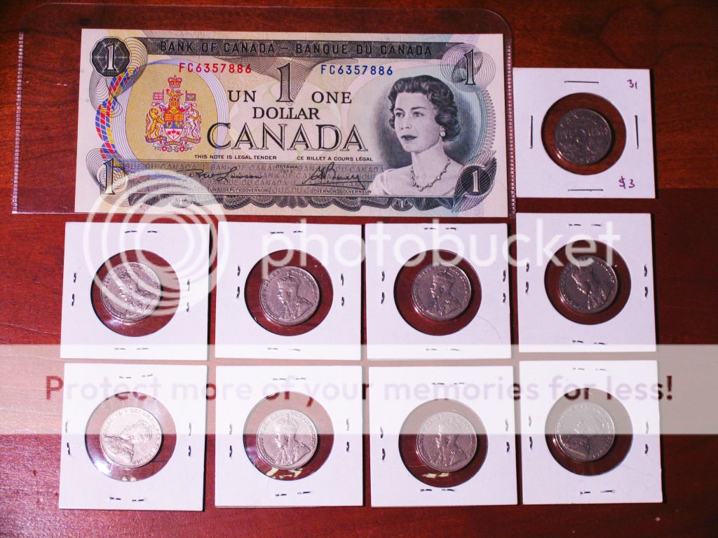   Cents Nickels & 1973 One Dollar Bill Currency Canadian Coins  