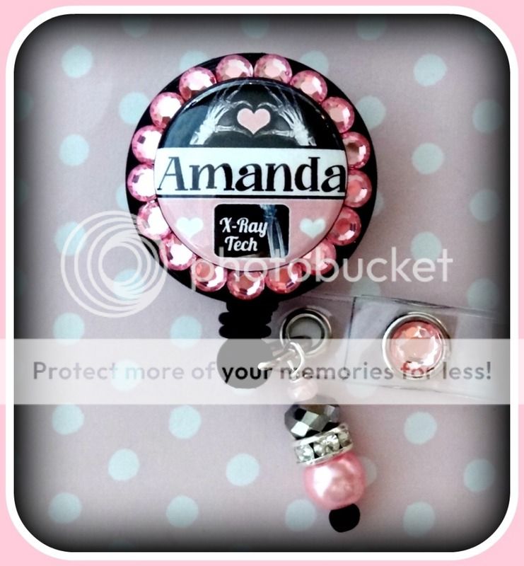   RAY TECH CUSTOM NAME RETRACTABLE ID REEL BLING BADGE HOLDER with charm