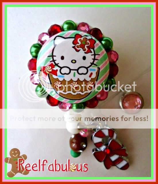 HELLO KITTY CHRISTMAS BLING ID REEL BADGE HOLDER with charms  