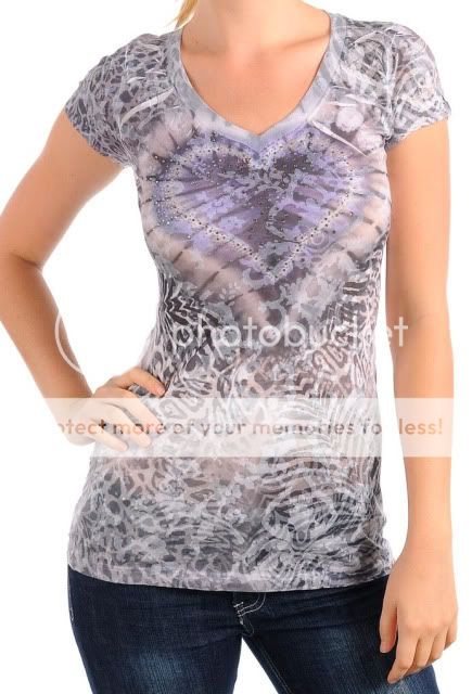 New Purple CHEETAH Zebra Sublimated BURNOUT Heart RHINESTONE T Shirt 